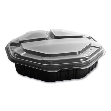 Solo OctaView Hinged-Lid Hot Food Containers, 3-Compartment, 38 oz, Black/Clear, Plastic, 100PK 809014-PP94